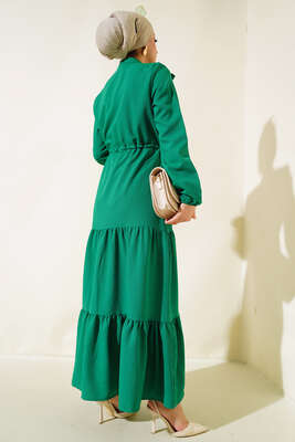 Önü Fırfırlı Kat Kat Elbise Yeşil - Thumbnail