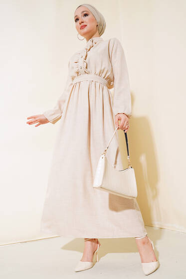 Önü Fırfırlı Keten Elbise Bej - Elbise