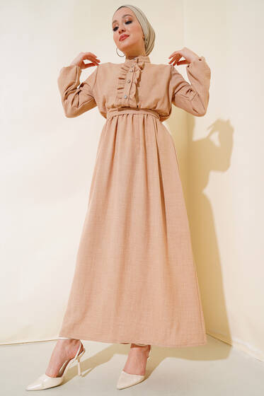 Önü Fırfırlı Keten Elbise Camel - Elbise