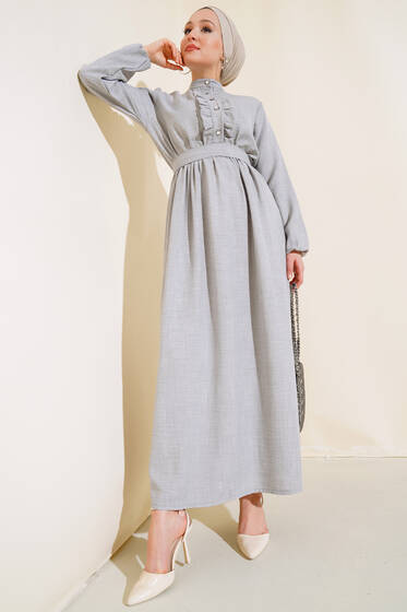 Önü Fırfırlı Keten Elbise Gri - Elbise