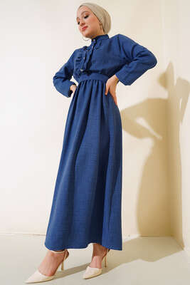 Önü Fırfırlı Keten Elbise İndigo - Thumbnail