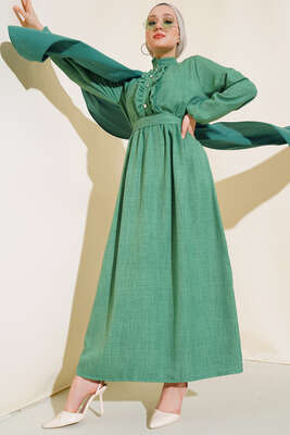 Önü Fırfırlı Keten Elbise Yeşil - Thumbnail