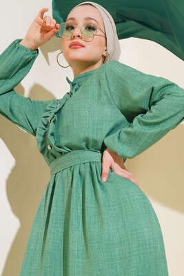 Önü Fırfırlı Keten Elbise Yeşil - Thumbnail