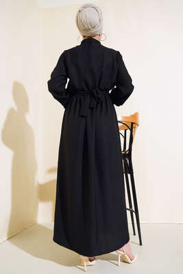 Önü Fırfırlı Keten Elbise Siyah - Thumbnail