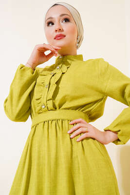 Önü Fırfırlı Keten Elbise Yağ Yeşili - Thumbnail