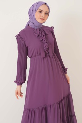 Önü Fırfırlı Kolları Piliseli Şifon Elbise Magenta - Thumbnail