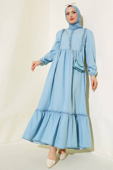 Önü Fırfırlı Kot Elbise Buz Mavisi - Tesettür Elbise