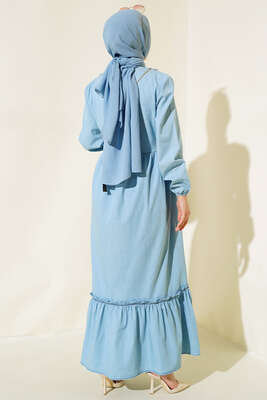 Önü Fırfırlı Kot Elbise Buz Mavisi - Tesettür Elbise