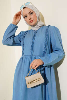 Önü Fırfırlı Kot Elbise Kot Mavisi - Tesettür Elbise