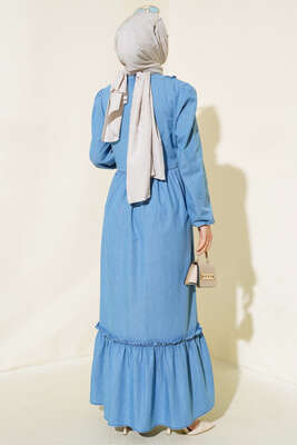 Önü Fırfırlı Kot Elbise Kot Mavisi - Tesettür Elbise