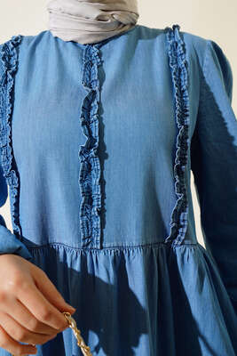 Önü Fırfırlı Kot Elbise Kot Mavisi - Tesettür Elbise