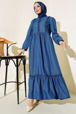 Önü Fırfırlı Kot Elbise Kot - Tesettür Elbise