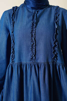 Önü Fırfırlı Kot Elbise Kot - Tesettür Elbise