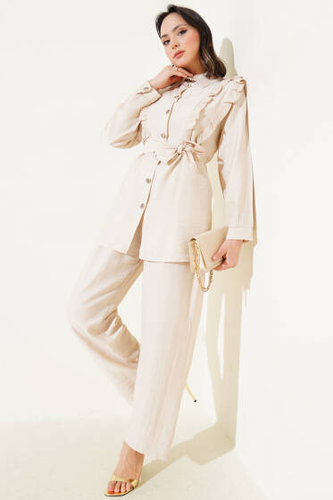 Önü Fırfırlı Kuşaklı İkili Takım Bej - İkili Takım