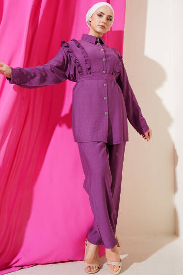 Önü Fırfırlı Kuşaklı İkili Takım Lila - İkili Takım