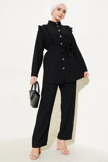 Önü Fırfırlı Kuşaklı İkili Takım Siyah - İkili Takım