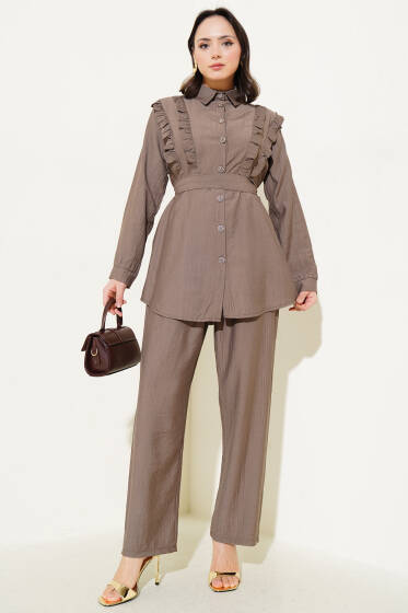 Önü Fırfırlı Kuşaklı İkili Takım Vizon - İkili Takım