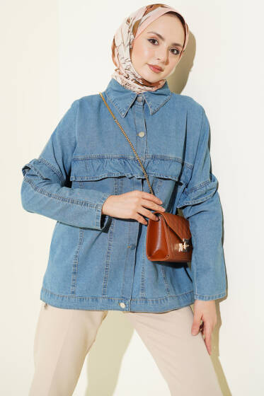 Önü Fırfırlı Metal Düğmeli Kot Ceket Kot Mavisi - Ceket