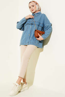 Önü Fırfırlı Metal Düğmeli Kot Ceket Kot Mavisi - Ceket