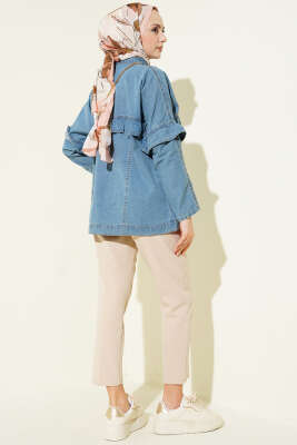 Önü Fırfırlı Metal Düğmeli Kot Ceket Kot Mavisi - Ceket