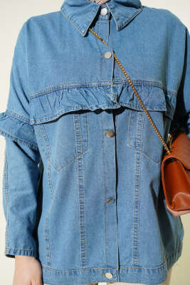 Önü Fırfırlı Metal Düğmeli Kot Ceket Kot Mavisi - Ceket