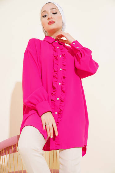 Önü Fırfırlı Parlak Düğmeli Tunik Fuşya - Tunik