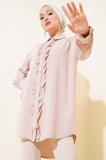 Önü Fırfırlı Parlak Düğmeli Tunik Latte - Tunik