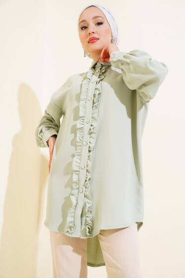 Önü Fırfırlı Parlak Düğmeli Tunik Mint - Tunik