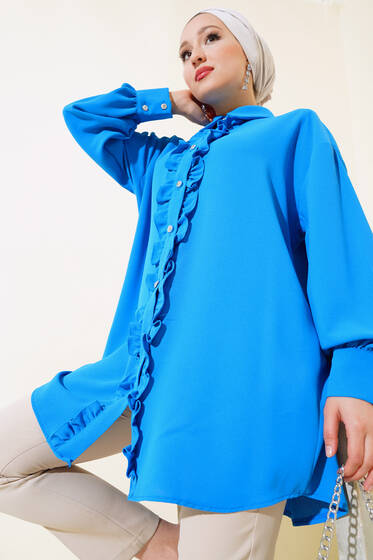 Önü Fırfırlı Parlak Düğmeli Tunik Saks - Tunik