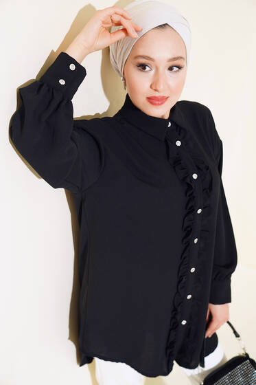 Önü Fırfırlı Parlak Düğmeli Tunik Siyah - Tunik