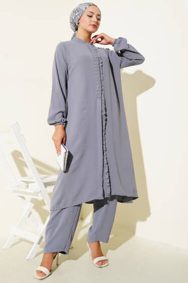 Önü Fırfırlı Taş Detaylı İkili Takım Gri - İkili Takım