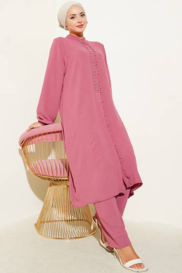 Önü Fırfırlı Taş Detaylı İkili Takım Gül Kurusu - İkili Takım