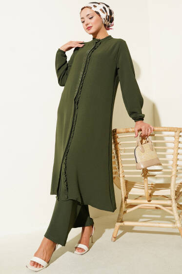 Önü Fırfırlı Taş Detaylı İkili Takım Haki - İkili Takım