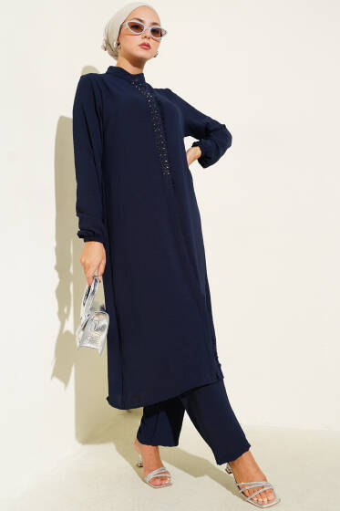 Önü Fırfırlı Taş Detaylı İkili Takım Lacivert - İkili Takım