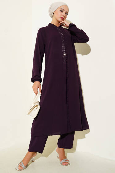 Önü Fırfırlı Taş Detaylı İkili Takım Mürdüm - İkili Takım