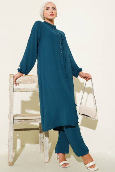 Önü Fırfırlı Taş Detaylı İkili Takım Petrol - İkili Takım