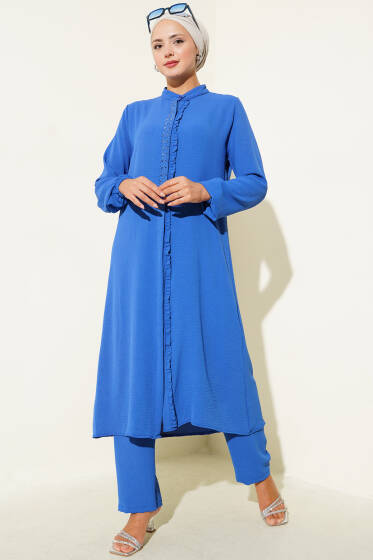 Önü Fırfırlı Taş Detaylı İkili Takım Saks - İkili Takım