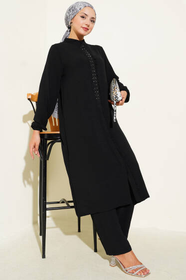 Önü Fırfırlı Taş Detaylı İkili Takım Siyah - İkili Takım
