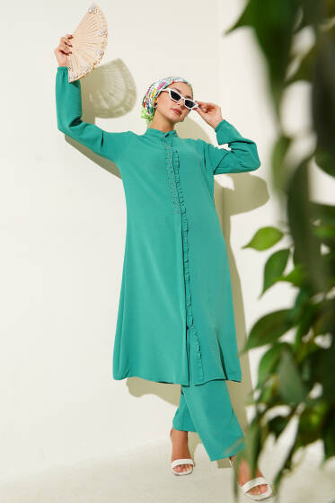 Önü Fırfırlı Taş Detaylı İkili Takım Yeşil - İkili Takım