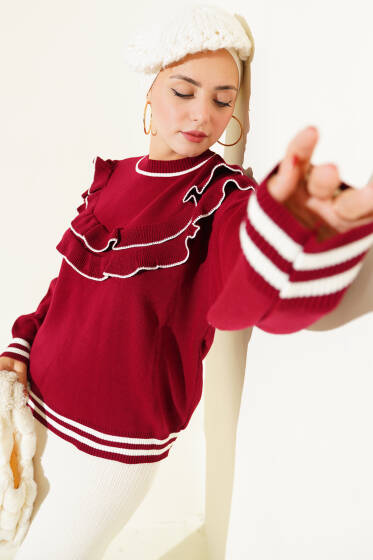 Önü Fırfırlı Triko Kazak Bordo - Triko Kazak