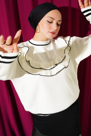 Önü Fırfırlı Triko Kazak Ekru - Triko Kazak