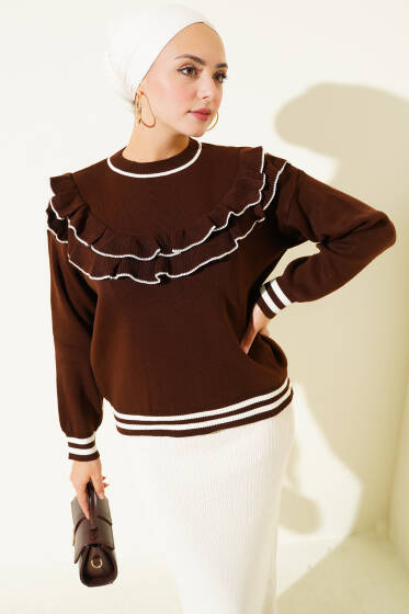 Önü Fırfırlı Triko Kazak Kahve - Triko Kazak