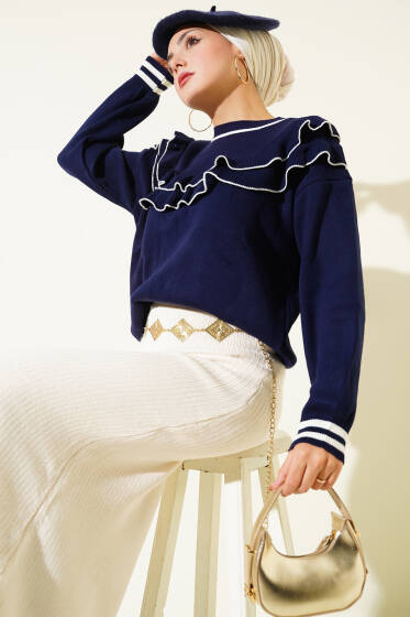 Önü Fırfırlı Triko Kazak Lacivert - Triko Kazak