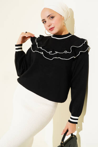 Önü Fırfırlı Triko Kazak Siyah - Triko Kazak