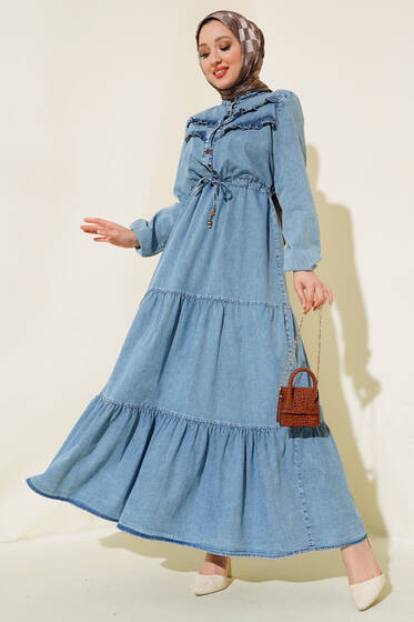 Önü Fırfırlı Tünelli Kot Elbise Kot Mavisi - Elbise