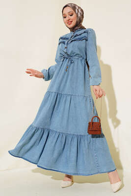 Önü Fırfırlı Tünelli Kot Elbise Kot Mavisi - Tesettür Elbise