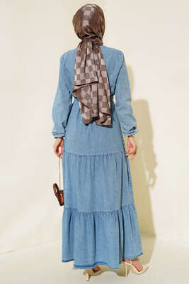 Önü Fırfırlı Tünelli Kot Elbise Kot Mavisi - Tesettür Elbise