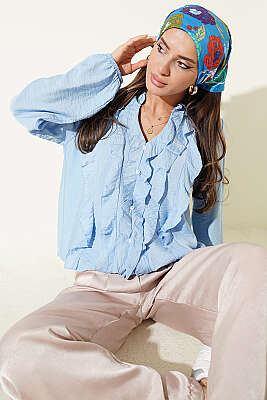 Önü Fırfırlı Uzun Kol Bluz Bebe Mavi - HELLIE