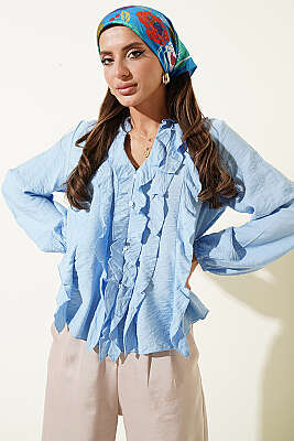 Önü Fırfırlı Uzun Kol Bluz Bebe Mavi - Kadın Giyim Modelleri