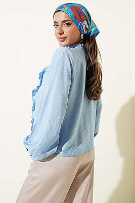 Önü Fırfırlı Uzun Kol Bluz Bebe Mavi - Kadın Giyim Modelleri